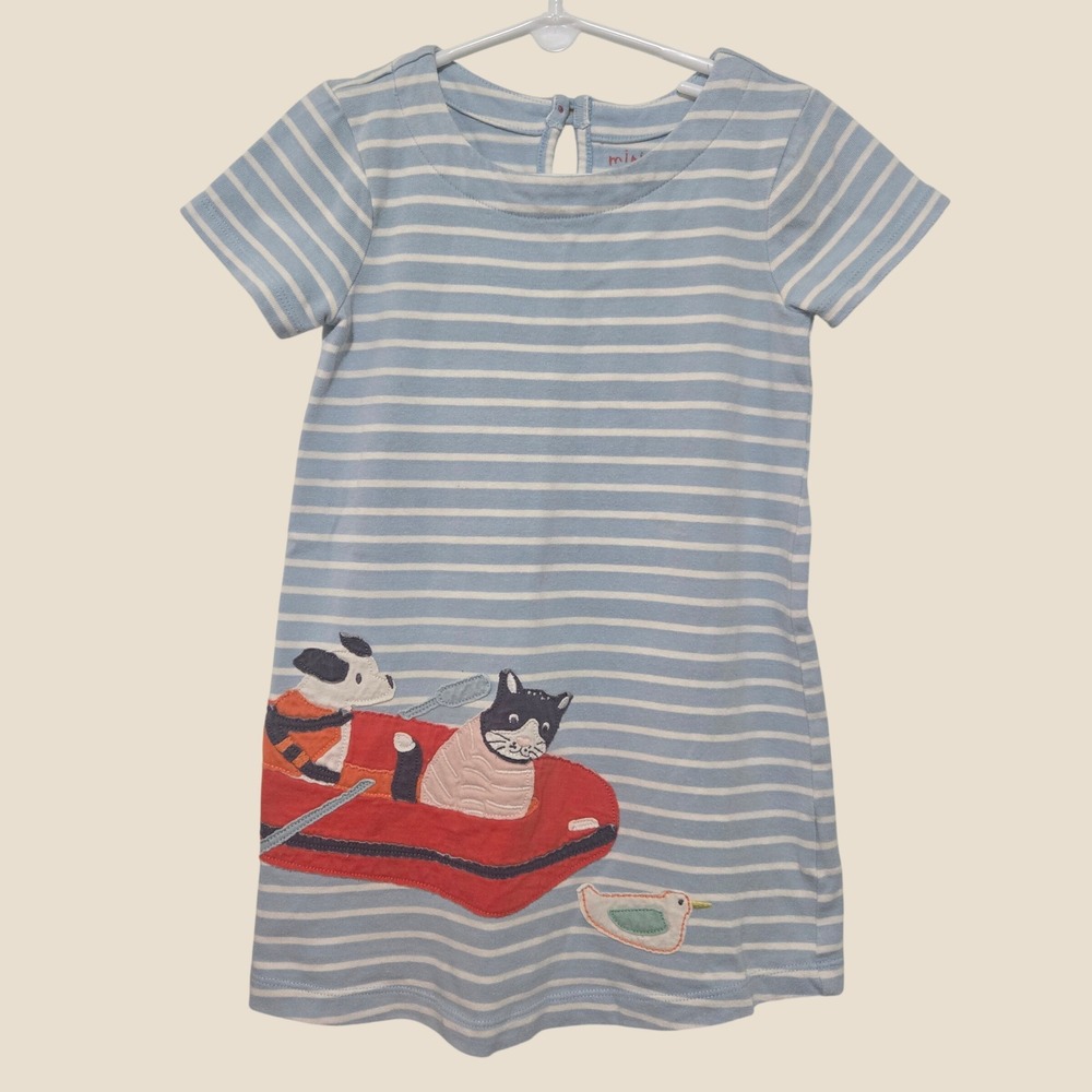 Mini Boden Girls Blue White Striped Cat Dog Boat Applique Jersey Dress 3-4Y